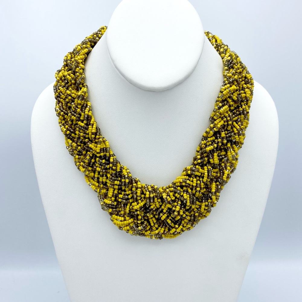 Braided Multi Strand Seed Bead Yellow Gold Substantial Tribal Inspired Necklace